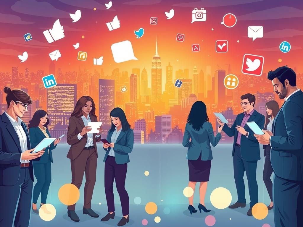 A vibrant and engaging illustration depicting the essence of social media for small businesses (PYMES). In the foreground, a diverse group of professionals, dressed in smart business attire, are interacting with various digital devices like smartphones and laptops, showcasing their engagement with social media platforms. The middle ground features floating icons representing popular social media platforms, such as likes, shares, and comments, symbolizing online interactions and connections. In the background, a bustling cityscape represents growth and innovation, bathed in warm, inviting lighting that conveys a sense of optimism and opportunity. The overall atmosphere is dynamic and inspiring, emphasizing the real benefits that come from a strong social media presence for small businesses. A vibrant and engaging illustration depicting the essence of social media for small businesses (PYMES). In the foreground, a diverse group of professionals, dressed in smart business attire, are interacting with various digital devices like smartphones and laptops, showcasing their engagement with social media platforms. The middle ground features floating icons representing popular social media platforms, such as likes, shares, and comments, symbolizing online interactions and connections. In the background, a bustling cityscape represents growth and innovation, bathed in warm, inviting lighting that conveys a sense of optimism and opportunity. The overall atmosphere is dynamic and inspiring, emphasizing the real benefits that come from a strong social media presence for small businesses.