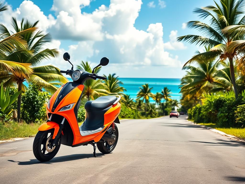 A vibrant and engaging scene depicting an electric scooter parked in a picturesque setting in Punta Cana. In the foreground, prominently display a sleek electric scooter in a bright color, detailed with modern design elements. The middle ground features a smooth road lined with lush palm trees and tropical foliage, conveying an inviting atmosphere. In the background, depict a stunning view of the Caribbean Sea, glistening under a clear blue sky with fluffy white clouds. Include natural lighting that creates a warm, uplifting mood, enhancing the colors of the scene. The angle should be slightly above eye level, giving a sense of motion and freedom. The overall image should feel safe, welcoming, and reflective of an adventure in a tropical paradise. A vibrant and engaging scene depicting an electric scooter parked in a picturesque setting in Punta Cana. In the foreground, prominently display a sleek electric scooter in a bright color, detailed with modern design elements. The middle ground features a smooth road lined with lush palm trees and tropical foliage, conveying an inviting atmosphere. In the background, depict a stunning view of the Caribbean Sea, glistening under a clear blue sky with fluffy white clouds. Include natural lighting that creates a warm, uplifting mood, enhancing the colors of the scene. The angle should be slightly above eye level, giving a sense of motion and freedom. The overall image should feel safe, welcoming, and reflective of an adventure in a tropical paradise.