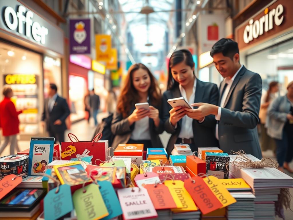A vibrant and inviting digital marketplace scene showcasing various "offers" and promotions. In the foreground, an eye-catching display of colorful discount tags and price-slashed items such as electronics, household goods, and gift vouchers, all arranged neatly on a table. The middle layer features enthusiastic individuals, dressed in professional attire, engaging with a digital device, resembling an app offering these deals. In the background, a dynamic urban setting hints at a busy shopping district, with bright storefronts adorned with banners announcing special promotions. Soft, warm lighting creates an optimistic atmosphere, emphasizing a sense of opportunity and excitement. A slight top-down angle offers a comprehensive view of this bustling scene filled with potential rewards and engagement.