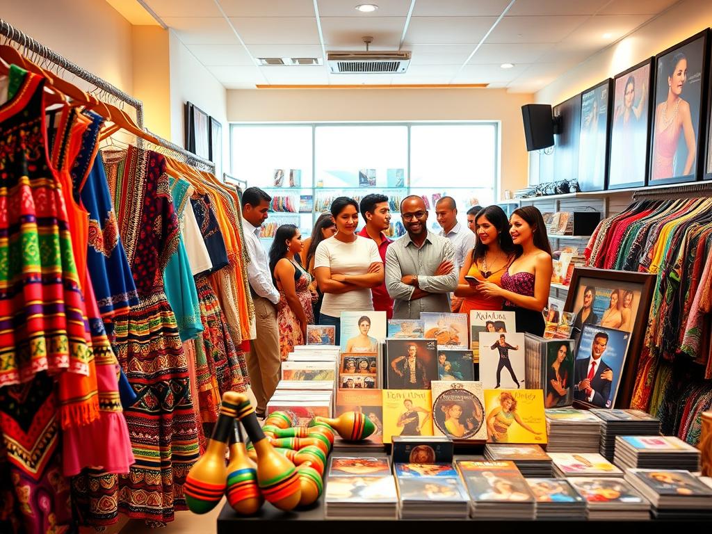 A vibrant and inviting online store display dedicated to merengue and bachata merchandise. In the foreground, showcase colorful, traditional Dominican clothing like dancing dresses and shirts hanging on racks. A well-organized table features items such as maracas, CDs, and posters of famous dancers, all radiating cultural warmth. In the middle ground, a cheerful, diverse group of customers, dressed in smart casual attire, browses the selection, showing engagement and enthusiasm. The background should depict a bright, modern shop interior with warm lighting, evoking a welcoming atmosphere. Use a slightly elevated angle to capture the entire scene, emphasizing the sense of community and secure shopping experience in the Dominican Republic, infused with a festive rhythm.