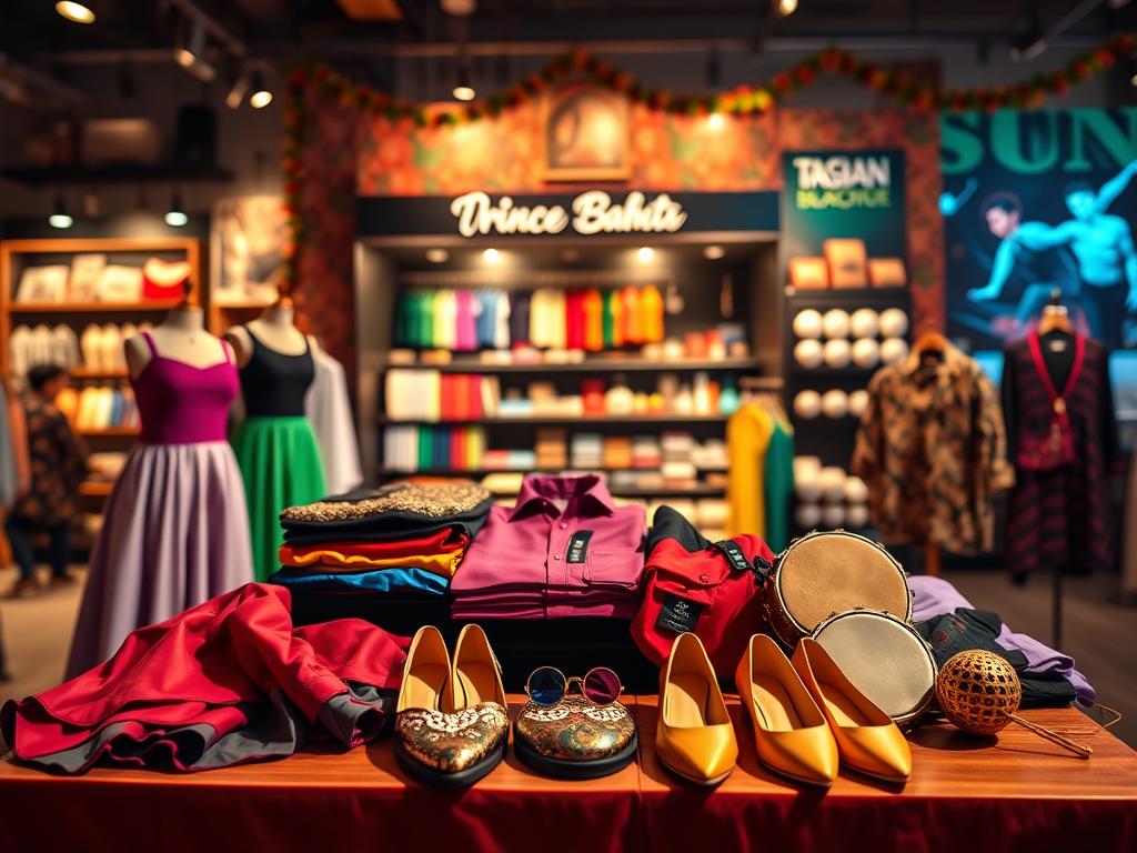 A vibrant and inviting online store display focused on merengue and bachata dance products. In the foreground, showcase a neatly arranged table featuring colorful dance attire such as flowing skirts, stylish shirts, and traditional dance shoes. Elegant accessories like tambourines and maracas should be artistically placed nearby. In the middle ground, highlight an enticing backdrop of a virtual storefront, adorned with images of popular dance classes and merchandise. The background can be filled with soft, warm lighting to create a celebratory atmosphere, incorporating subtle notes of tropical patterns and musical elements. Use a shallow depth of field with a slightly blurred background for a professional touch. The overall mood should be joyful and inviting, capturing the spirit of dance and culture.