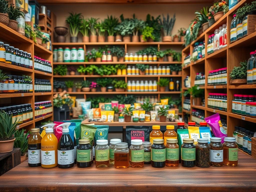 A vibrant and organized stock room filled with traditional Bolivian medicinal products, such as colorful herbal remedies, neatly arranged jars, and colorful packaging. In the foreground, a wooden table showcases a selection of herbal teas and tinctures, evoking a sense of natural health and wellness. In the middle ground, shelves are stocked with various medicinal plants, meticulously labeled and organized, emphasizing availability and stock. The background features a warmly lit room with natural wooden accents and soft ambient lighting, creating an inviting atmosphere. The image should be captured with a slight depth of field to draw attention to the foreground products while maintaining clarity on the shelves behind. The mood is one of abundance and reliability, encouraging trust in the availability of these herbal products.