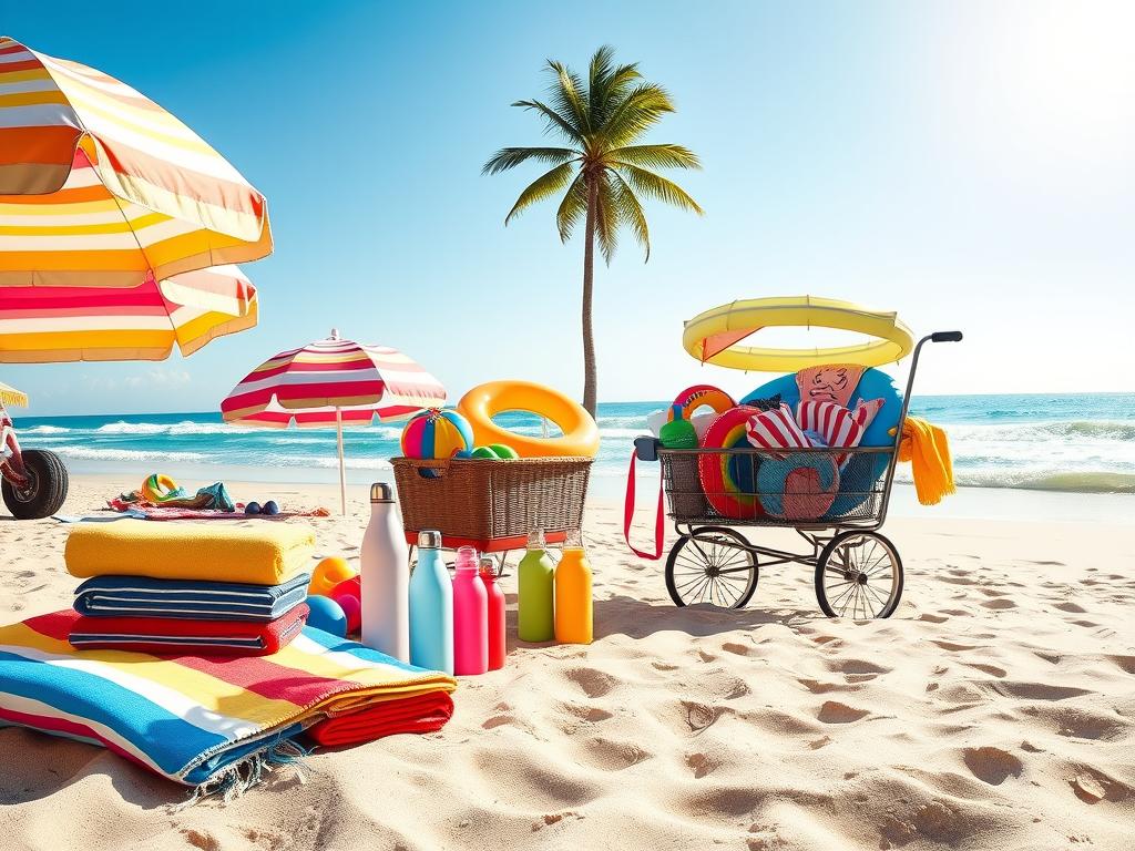A vibrant beach scene showcasing a variety of beach products ideal for dropshipping. In the foreground, display colorful beach towels, striped umbrellas, and eco-friendly reusable water bottles arranged neatly on a sandy surface. Transitioning to the middle ground, depict a well-organized beach cart filled with inflatable toys, sunscreen, and stylish sunglasses. In the background, illustrate gentle waves lapping at the shore under a bright, sunny sky, with a few palm trees swaying in the breeze. The lighting should be bright and cheerful, evoking a relaxed summer atmosphere. Use a wide-angle lens perspective to capture the full essence of a busy beach day, highlighting the appeal of beach products to potential customers.