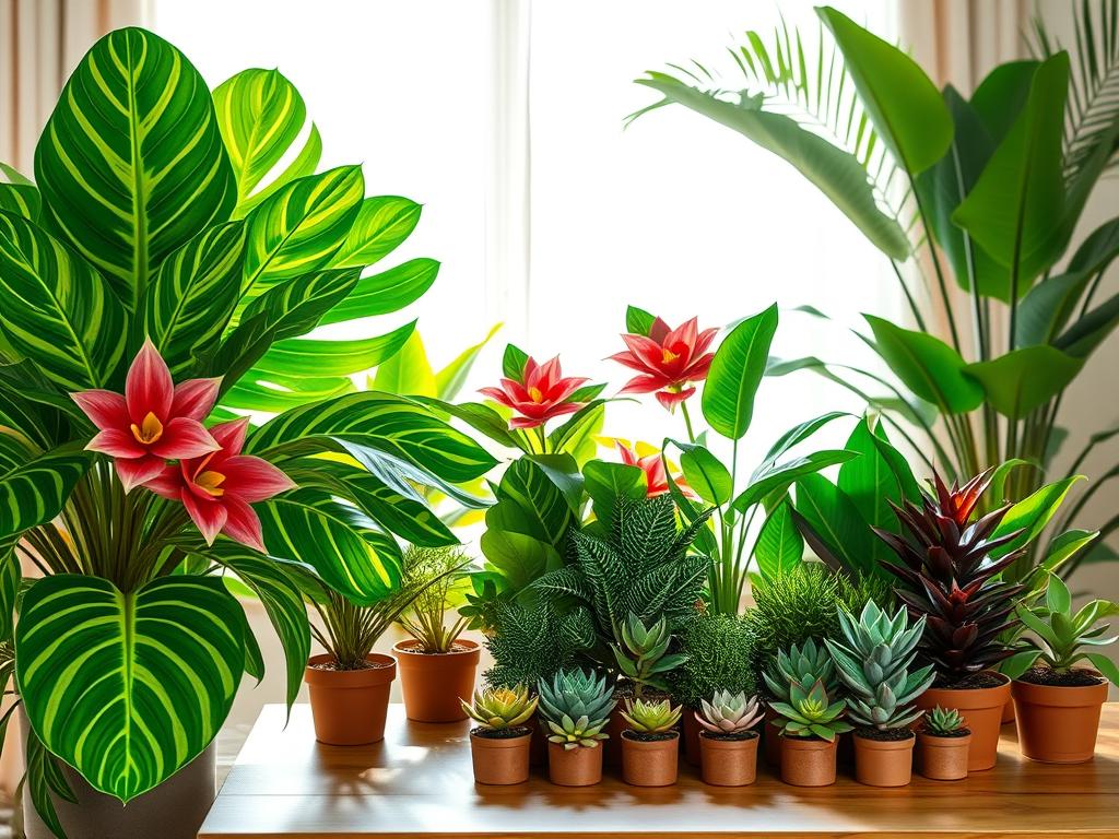 A vibrant collection of exotic plants displayed prominently in a well-lit indoor setting, showcasing their unique textures and colors. In the foreground, luscious variegated leaves of a Monstera plant intertwine with bright flowers of a Bromeliad, creating a lively contrast. In the middle, various small potted succulents, featuring intricate leaf patterns and rich hues, are arranged on a wooden table, emphasizing their diverse shapes. The background features a soft-focus view of a sun-drenched window with sheer curtains, allowing gentle natural light to illuminate the scene, casting subtle shadows. The atmosphere is inviting and serene, perfect for inspiring potential buyers to explore these attractive plant varieties for their spaces. The image captures the essence of luxurious indoor gardening while remaining purely botanical. A vibrant collection of exotic plants displayed prominently in a well-lit indoor setting, showcasing their unique textures and colors. In the foreground, luscious variegated leaves of a Monstera plant intertwine with bright flowers of a Bromeliad, creating a lively contrast. In the middle, various small potted succulents, featuring intricate leaf patterns and rich hues, are arranged on a wooden table, emphasizing their diverse shapes. The background features a soft-focus view of a sun-drenched window with sheer curtains, allowing gentle natural light to illuminate the scene, casting subtle shadows. The atmosphere is inviting and serene, perfect for inspiring potential buyers to explore these attractive plant varieties for their spaces. The image captures the essence of luxurious indoor gardening while remaining purely botanical.