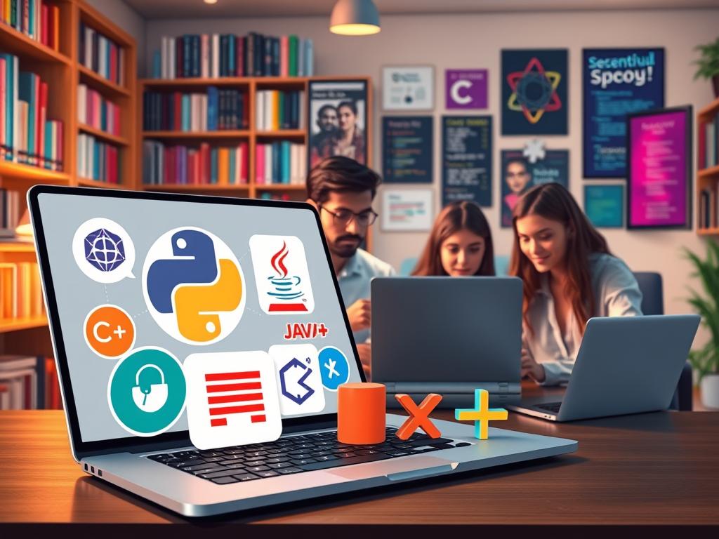 A vibrant, colorful digital illustration showcasing popular programming languages. In the foreground, iconic logos and symbols of languages like Python, JavaScript, Java, and C++ are arranged artfully on a sleek, modern laptop. In the middle ground, a diverse group of students, dressed in professional attire, are engaged in a coding session, concentrating on their screens with looks of determination. The background shows a cozy, well-lit study environment with bookshelves filled with programming books and inspirational tech posters on the walls. Soft, warm lighting creates an inviting atmosphere, highlighting the students' interactions and the technological theme. The overall mood is collaborative and focused, reflecting the essence of personalized programming education.