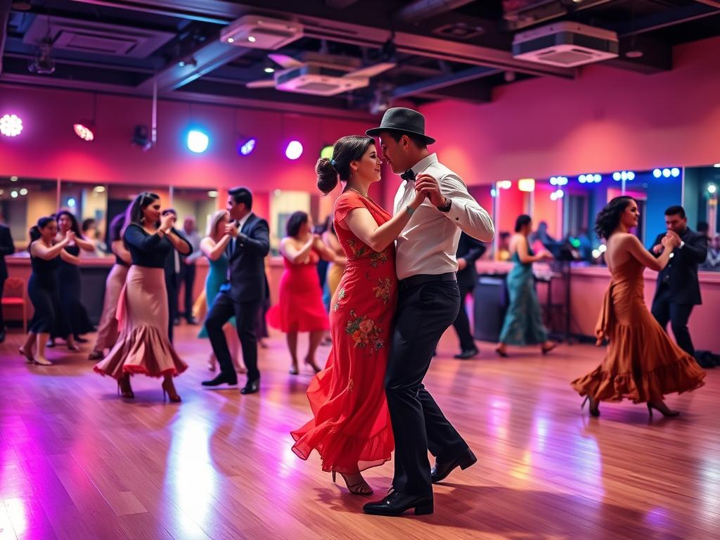 A vibrant dance studio scene capturing the essence of "Fiebre Baile," featuring a diverse group of elegantly dressed dancers in motion. In the foreground, a couple performs an expressive bachata dance, their outfits reflecting bright colors and traditional patterns. The middle ground shows additional dancers engaged in energetic choreography, radiating passion and teamwork. The background is filled with soft, warm lighting that creates an inviting atmosphere, illuminated by colorful ambient lights reminiscent of a live performance. The camera angle is slightly elevated, showcasing both the dynamic movement of the dancers and the depth of the studio space. The overall mood should be lively and celebratory, conveying the excitement and energy of the dance, while ensuring all subjects are in modest, professional attire.