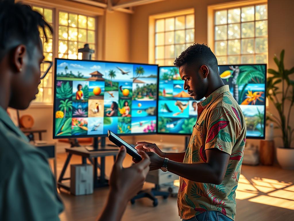 A vibrant digital workspace showcasing the creation of Caribbean art NFTs. In the foreground, an artist, dressed in casual yet professional attire, is intently working on a computer tablet, visualizing bright and colorful Caribbean landscapes filled with tropical flora and fauna. The middle ground features a large monitor displaying a virtual gallery filled with various NFT artworks, blending traditional Caribbean motifs and modern digital art. The background includes a warm, inviting studio space with large windows allowing soft, golden sunlight to fill the room, casting gentle shadows. The overall mood is inspiring and creative, reflecting the colorful and rich culture of the Caribbean, emphasizing innovation in the art world. A vibrant digital workspace showcasing the creation of Caribbean art NFTs. In the foreground, an artist, dressed in casual yet professional attire, is intently working on a computer tablet, visualizing bright and colorful Caribbean landscapes filled with tropical flora and fauna. The middle ground features a large monitor displaying a virtual gallery filled with various NFT artworks, blending traditional Caribbean motifs and modern digital art. The background includes a warm, inviting studio space with large windows allowing soft, golden sunlight to fill the room, casting gentle shadows. The overall mood is inspiring and creative, reflecting the colorful and rich culture of the Caribbean, emphasizing innovation in the art world.