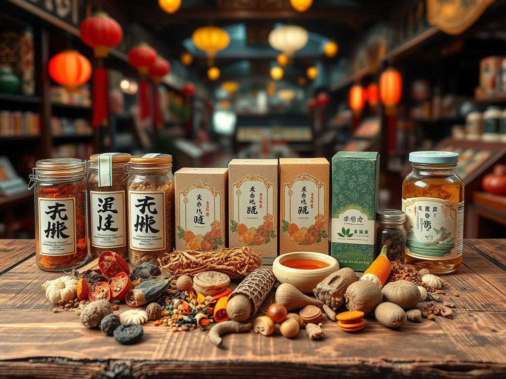 A vibrant display of traditional Chinese medicine products arranged on a rustic wooden table. In the foreground, a variety of herbal remedies in elegant glass jars, labeled with ornate, calligraphic characters. Vividly colored dried herbs, roots, and medicinal fungi are artfully scattered around the jars. The middle ground features neatly packaged boxes of herbal teas and tinctures, intricately designed to reflect cultural themes. The background is softly blurred, showcasing a tranquil market scene, with traditional Chinese decor and warm, ambient lighting creating a welcoming atmosphere. The overall mood is serene and informative, capturing the essence of traditional medicine in a cozy, inviting setting. Use a warm color palette with gentle lighting to enhance the natural textures and details of the products.