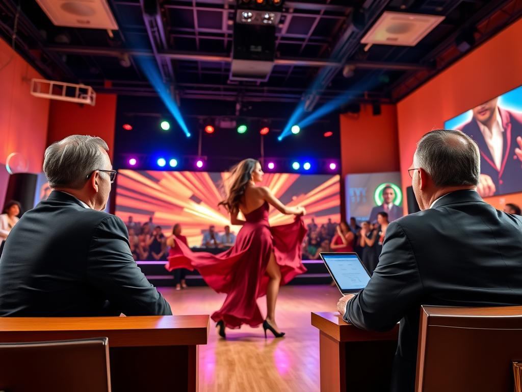 A vibrant, energetic scene showcasing a panel of professional judges evaluating a bachata dance performance on a Twitch stream. In the foreground, three judges, dressed in smart business attire, observe the dancers with focused expressions. The middle layer features a dynamic female and male dancer in mid-performance, showcasing their bachata skills, with flowing outfits that capture the rhythm of the music. The background includes a lively streaming setup with colorful LED lights, a large screen displaying the Twitch interface, and an enthusiastic virtual audience. The lighting is bright and lively, reminiscent of a dance studio, with warm tones that evoke a passionate atmosphere. Capture this moment from a slightly elevated angle to emphasize the judges' perspective.
