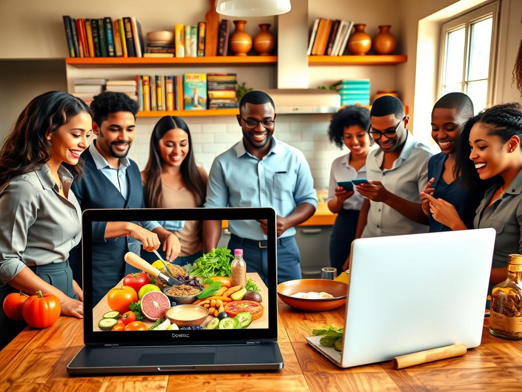 A vibrant kitchen scene showcasing a group of diverse, professionally dressed individuals engaged in an online cooking class focused on Dominican cuisine. In the foreground, a laptop displays a live cooking demonstration with colorful produce and spices spread out on a wooden countertop. The middle features the enthusiastic participants, a mix of genders and ethnic backgrounds, following along with ingredients and utensils in hand. In the background, warm, ambient lighting highlights a cozy, well-organized kitchen filled with Dominican cookbooks and traditional cooking tools. The atmosphere is lively and inviting, emphasizing a sense of collaboration and learning. Natural light filters through a window, creating a bright and inspiring environment perfect for culinary exploration.