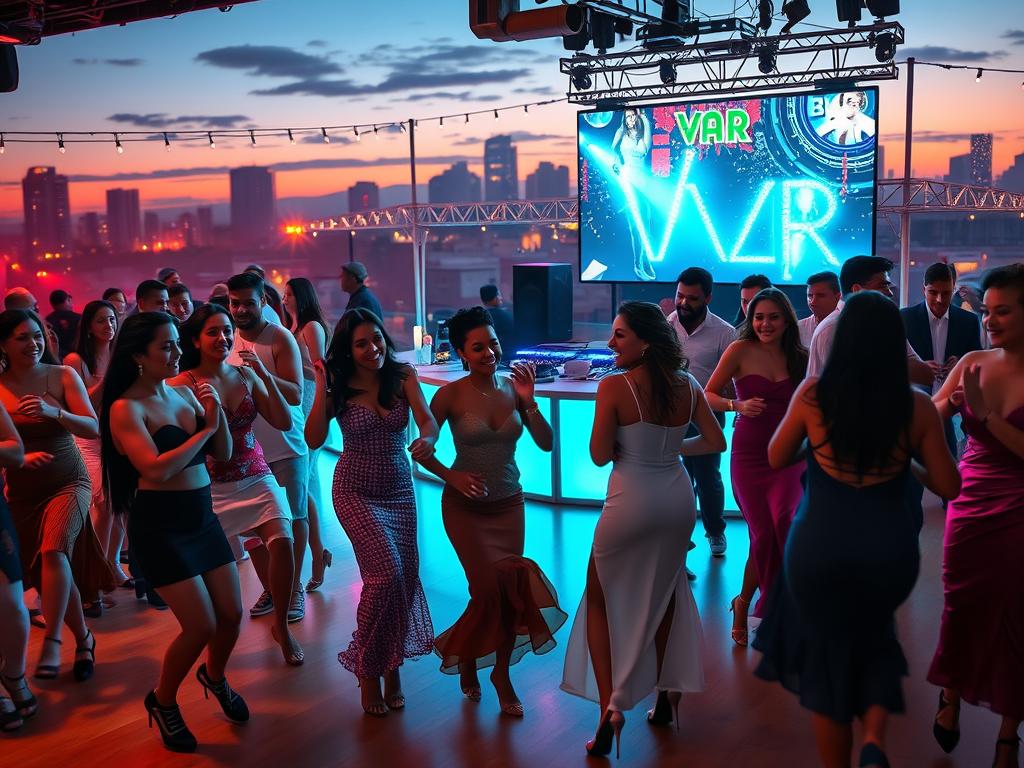 A vibrant, lively scene depicting a "VAR-After" party celebrating bachata dancing. In the foreground, a diverse group of elegantly dressed young adults are dancing energetically, showcasing joyful expressions and intricate footwork, with their stylish outfits reflecting a mix of classic and modern fashion. The middle ground features a DJ booth adorned with colorful lights and a large screen displaying dynamic dance graphics. In the background, silhouettes of city buildings are illuminated at dusk, providing a festive atmosphere. The lighting is warm and inviting, with an emphasis on the dancers, capturing the excitement and energy of the event. The angle is slightly elevated, allowing for a panoramic view that highlights the joy and connection among participants. The overall mood exudes celebration, fun, and the passion of bachata music.