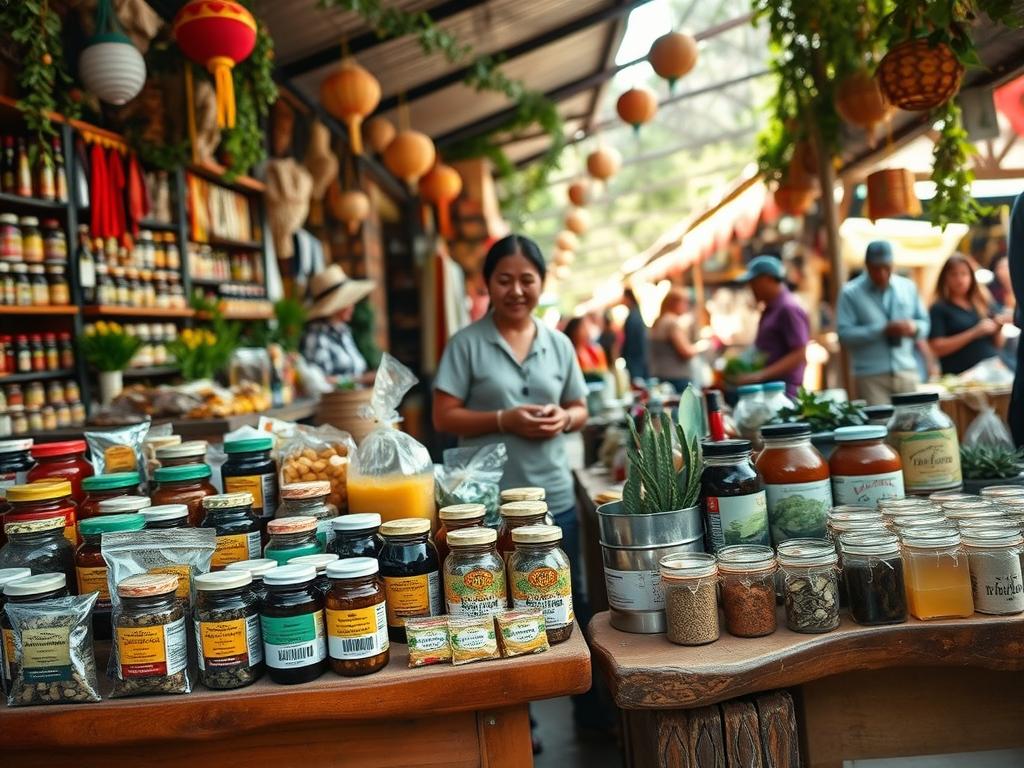 A vibrant market scene focused on traditional medicine products in Bolivia. In the foreground, an array of colorful packages, jars, and herbal remedies displayed on handcrafted wooden tables. The middle ground features a local vendor, dressed in modest casual clothing, enthusiastically engaging with a customer. The background showcases a bustling market atmosphere, with stalls adorned with traditional decorations and lush greenery. Soft, natural lighting filters through the market, creating a warm and inviting ambiance. The angle is slightly low, capturing both the detailed products in the foreground and the lively interactions in the market, emphasizing the cultural richness and community spirit. The overall mood is vibrant, energetic, and welcoming, reflecting the essence of traditional medicinal products.