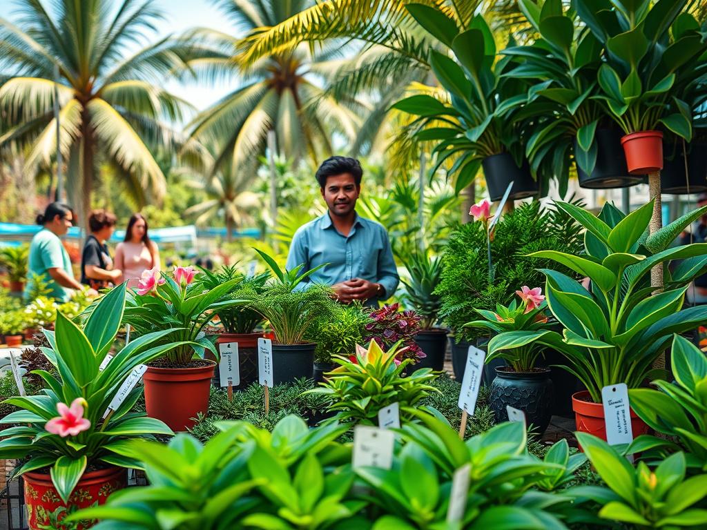A vibrant marketplace in the Dominican Republic, showcasing a diverse selection of exotic plants at various price points. In the foreground, a colorful display featuring vividly green plants in decorative pots, some with flowers blooming, clearly showing price tags attached. The middle ground includes a vendor, a professional-looking individual wearing modest casual clothing, engaging with customers interested in the plants. In the background, lush tropical trees and a blue sky create a warm, inviting atmosphere. Soft, natural lighting highlights the textures and colors of the plants, with a shallow depth of field focusing on the plants and the vendor. The overall mood is lively and welcoming, reflecting the excitement of plant shopping. A vibrant marketplace in the Dominican Republic, showcasing a diverse selection of exotic plants at various price points. In the foreground, a colorful display featuring vividly green plants in decorative pots, some with flowers blooming, clearly showing price tags attached. The middle ground includes a vendor, a professional-looking individual wearing modest casual clothing, engaging with customers interested in the plants. In the background, lush tropical trees and a blue sky create a warm, inviting atmosphere. Soft, natural lighting highlights the textures and colors of the plants, with a shallow depth of field focusing on the plants and the vendor. The overall mood is lively and welcoming, reflecting the excitement of plant shopping.