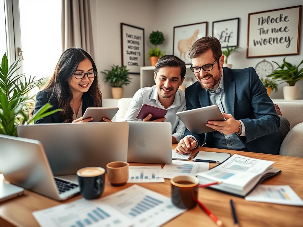 A vibrant online workspace scene focused on earning money through online surveys. In the foreground, a diverse group of three individuals, one Asian woman and two Caucasian men, are attentively engaging with laptops and tablets, dressed in professional business attire. They appear focused and collaborative, discussing survey results. The middle ground features papers and charts detailing survey insights, alongside coffee cups and stationery. In the background, a cozy home office environment with soft, natural lighting streaming through a window, potted plants, and motivational wall art reflects a productive atmosphere. The camera angle should capture the excitement and concentration of the group, suggesting a sense of achievement in making money online through surveys.