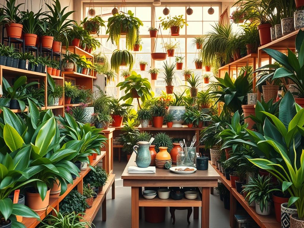 A vibrant plant shop display showcasing exotic plants in a well-organized manner. In the foreground, a variety of lush green plants are neatly arranged on wooden shelves, labeled with colorful tags indicating their names and prices. The middle ground features a large, inviting table with a selection of decorative pots and tools for plant care. In the background, a softly blurred wall filled with hanging plant displays creates depth. Bright, natural sunlight filters through large windows, casting warm shadows and creating a cheerful atmosphere. A warm color palette enhances the inviting feeling of the shop, making it feel welcoming to customers seeking the ideal exotic plants. The image captures the essence of a well-curated plant store. A vibrant plant shop display showcasing exotic plants in a well-organized manner. In the foreground, a variety of lush green plants are neatly arranged on wooden shelves, labeled with colorful tags indicating their names and prices. The middle ground features a large, inviting table with a selection of decorative pots and tools for plant care. In the background, a softly blurred wall filled with hanging plant displays creates depth. Bright, natural sunlight filters through large windows, casting warm shadows and creating a cheerful atmosphere. A warm color palette enhances the inviting feeling of the shop, making it feel welcoming to customers seeking the ideal exotic plants. The image captures the essence of a well-curated plant store.