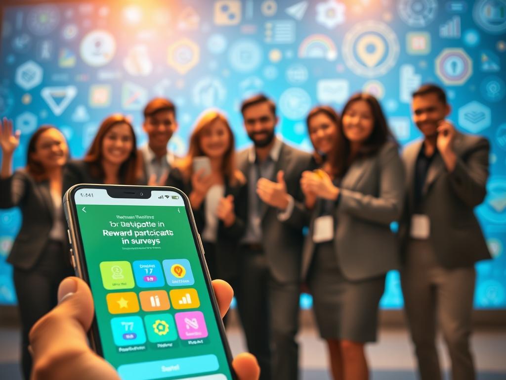 A vibrant scene depicting a digital rewards system for participating in surveys. In the foreground, a smartphone displaying a colorful rewards interface with icons representing points and prizes, illuminated by soft, warm lighting. In the middle ground, a diverse group of happy participants, dressed in professional business attire, engaging with the phone, showcasing excitement and satisfaction. In the background, an abstract digital environment filled with geometric shapes and icons representing surveys, rewards, and engagement, bathed in a cool blue tone. The overall mood is uplifting and energetic, conveying a sense of achievement and collaboration in a modern, tech-savvy atmosphere. The angle should be slightly elevated to capture both the participants and the engaging digital rewards visually. A vibrant scene depicting a digital rewards system for participating in surveys. In the foreground, a smartphone displaying a colorful rewards interface with icons representing points and prizes, illuminated by soft, warm lighting. In the middle ground, a diverse group of happy participants, dressed in professional business attire, engaging with the phone, showcasing excitement and satisfaction. In the background, an abstract digital environment filled with geometric shapes and icons representing surveys, rewards, and engagement, bathed in a cool blue tone. The overall mood is uplifting and energetic, conveying a sense of achievement and collaboration in a modern, tech-savvy atmosphere. The angle should be slightly elevated to capture both the participants and the engaging digital rewards visually.