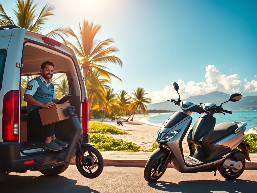 A vibrant scene depicting the delivery of electric scooters in a tropical setting of Punta Cana, Dominican Republic. In the foreground, a friendly delivery agent in professional attire is unloading two sleek, modern electric scooters from a small delivery vehicle. The middle ground features a picturesque beach with palm trees swaying gently in the breeze, and a clear blue sky above. In the background, lush greenery and distant mountains create a stunning backdrop. Soft sunlight casts warm hues over the entire scene, evoking a relaxed and inviting atmosphere, perfect for exploring the island. The composition is framed with a slight angle, capturing depth and inviting viewers into the leisurely, exploration-focused experience. A vibrant scene depicting the delivery of electric scooters in a tropical setting of Punta Cana, Dominican Republic. In the foreground, a friendly delivery agent in professional attire is unloading two sleek, modern electric scooters from a small delivery vehicle. The middle ground features a picturesque beach with palm trees swaying gently in the breeze, and a clear blue sky above. In the background, lush greenery and distant mountains create a stunning backdrop. Soft sunlight casts warm hues over the entire scene, evoking a relaxed and inviting atmosphere, perfect for exploring the island. The composition is framed with a slight angle, capturing depth and inviting viewers into the leisurely, exploration-focused experience.
