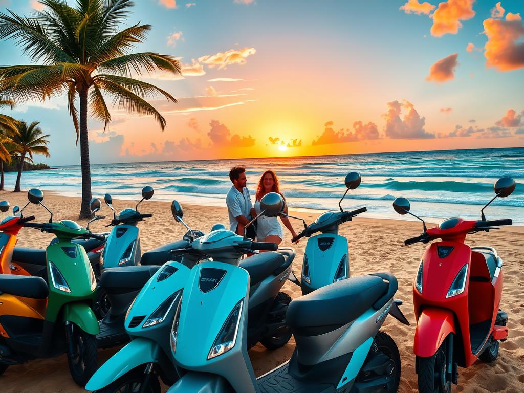 A vibrant scene in Punta Cana showcasing a variety of electric scooters lined up along a picturesque beachfront. In the foreground, colorful scooters in sleek designs contrast with the golden sand and clear turquoise waters. In the middle ground, a couple of tourists, dressed in casual, modest summer attire, engage with the scooters, one holding a helmet, exuding excitement. Palm trees sway gently in the warm breeze. In the background, a radiant sunset paints the sky orange and pink, with small waves lapping at the shore, enhancing the island vibe. The image captures a lively, adventurous atmosphere, emphasizing the freedom and enjoyment of exploring Punta Cana on electric scooters, shot with a wide-angle lens to capture the expansive beach view. A vibrant scene in Punta Cana showcasing a variety of electric scooters lined up along a picturesque beachfront. In the foreground, colorful scooters in sleek designs contrast with the golden sand and clear turquoise waters. In the middle ground, a couple of tourists, dressed in casual, modest summer attire, engage with the scooters, one holding a helmet, exuding excitement. Palm trees sway gently in the warm breeze. In the background, a radiant sunset paints the sky orange and pink, with small waves lapping at the shore, enhancing the island vibe. The image captures a lively, adventurous atmosphere, emphasizing the freedom and enjoyment of exploring Punta Cana on electric scooters, shot with a wide-angle lens to capture the expansive beach view.
