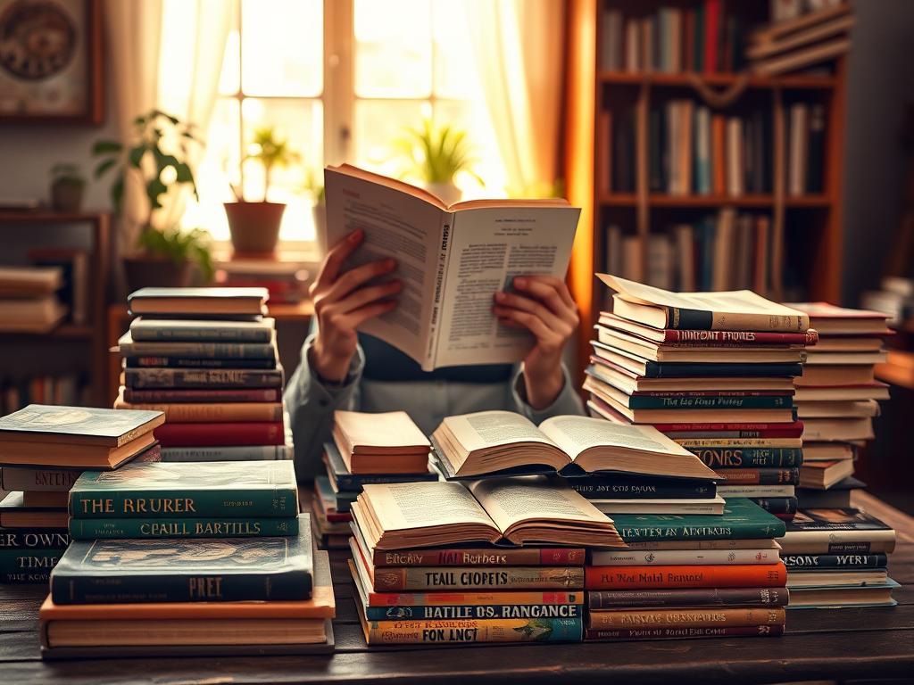 A vibrant scene showcasing a collection of used books, stacked artfully on a rustic wooden table in a cozy, inviting setting. In the foreground, a variety of colorful book spines with intriguing titles face the viewer, some partially opened to reveal pages that invite exploration. In the middle ground, a pair of hands, clad in casual yet tidy attire, holds a book up for closer inspection, radiating enthusiasm for discovering new stories. In the background, soft, warm light filters through a window, casting a gentle glow that enhances the atmosphere of nostalgia and knowledge. A few potted plants add a touch of greenery, while a vintage bookshelf can be seen, highlighting the charm of pre-loved literature. The mood is warm and inviting, beckoning readers to give these books a second life.