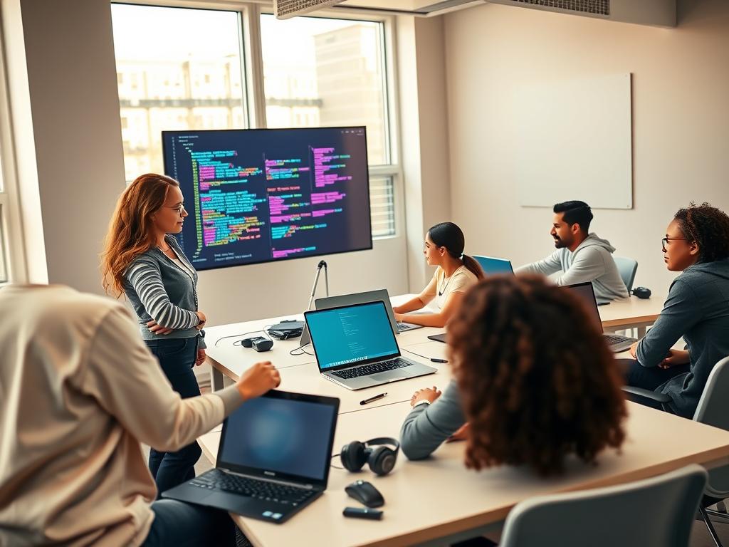 A vibrant virtual programming classroom scene, featuring a diverse group of students engaged in learning. In the foreground, a female instructor, dressed in smart casual attire, explores a digital board filled with colorful code snippets. Around her, five students of varying ethnicities are seated at modern desks with laptops open, immersed in a programming assignment. In the background, a large screen displays a collaborative coding interface, and various tech gadgets are neatly arranged on the desks. Soft, natural lighting floods the room from large windows, casting a warm glow. The mood is focused and motivating, emphasizing a collaborative learning atmosphere enhanced by technology, highlighting tools that facilitate programming education.
