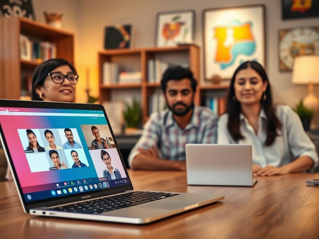 A virtual classroom setting for online Spanish lessons, featuring a diverse group of adult learners engaged in a video conference. In the foreground, display a laptop open on a wooden table, showing a vibrant virtual classroom interface with interactive elements. The middle ground includes a diverse array of students, including a Hispanic woman with glasses in professional attire, a Black man in a casual shirt, and an Asian woman wearing a simple blouse, all focused on their screens. The background reveals a cozy home office space, decorated with bookshelves and colorful Spanish-themed art. The lighting is warm and inviting, creating an atmosphere of engagement and learning. The image conveys a sense of connection and collaboration, emphasizing the accessibility of online education.
