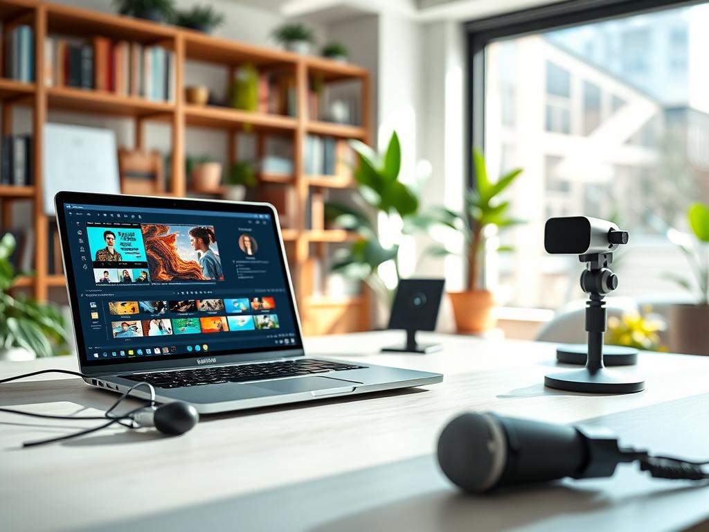 A visually appealing workspace featuring a modern desk with an elegant laptop open to a vibrant video editing software interface. In the foreground, there are professional video templates displayed on the screen, showcasing colorful layouts and engaging designs. The middle ground features tools like a stylish webcam and a microphone, highlighting essential equipment for video creation. The background has a soft-focus bookshelf filled with books and plants, adding a touch of life to the office. The lighting is bright and natural, with sunlight streaming through a large window, creating an energetic and inspiring atmosphere. The color palette includes soft blues and greens, enhancing a sense of creativity and professionalism, making it perfect for an influencer's workspace.