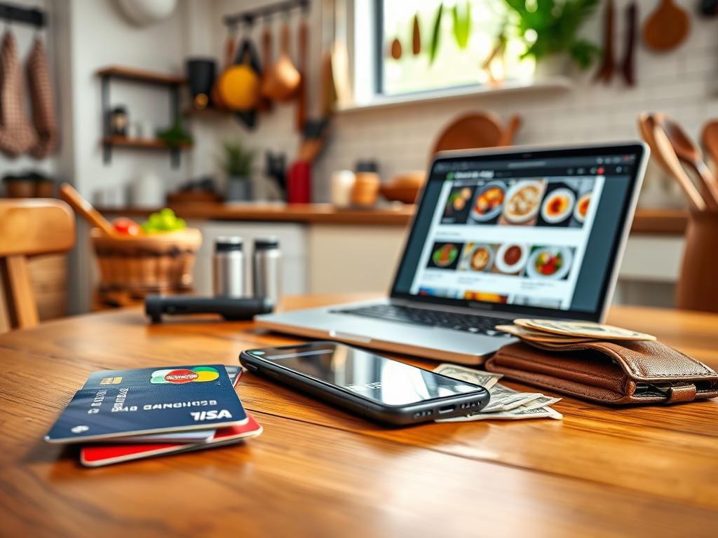 A visually engaging scene depicting various payment methods for online culinary courses, specifically highlighting Dominican cuisine. In the foreground, a stylish wooden table displays a mix of payment options: credit cards, a mobile payment app visible on a smartphone, and a traditional wallet with cash. The middle ground features a laptop open to a course page, with vibrant images of Dominican dishes. In the background, a cozy kitchen setup with hanging spices and colorful cooking utensils adds warmth. Soft, natural lighting streams in from a nearby window, creating an inviting atmosphere. Capture this from an eye-level angle to make the scene feel approachable and relatable, evoking a sense of professionalism and culinary creativity. Ensure the image is clean, with no text or logos.