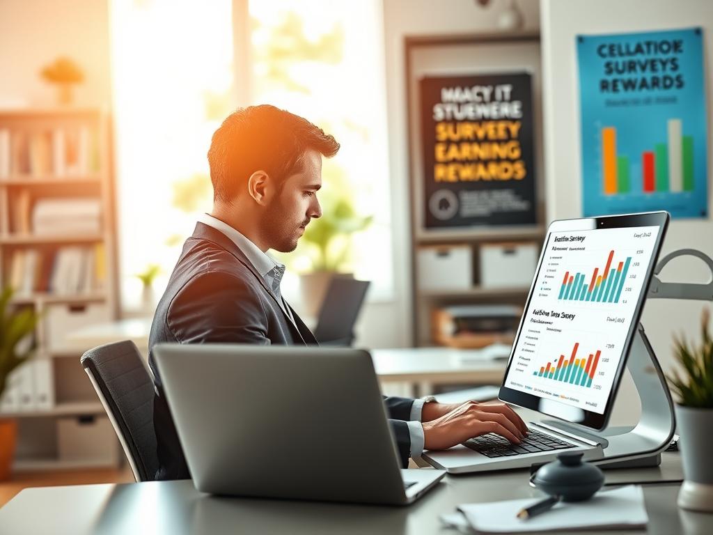 A visually engaging workspace scene showcasing a digital environment focused on online surveys. In the foreground, a professional individual in smart casual attire is seated at a modern desk, intently reviewing survey options displayed on a sleek laptop screen. The middle ground features clear visuals of attractive survey icons and colorful charts that represent data, emphasizing engagement and rewards. The background is softly blurred, hinting at a well-organized office with bookshelves and motivational posters about participation and earning rewards. Natural light streams in from a large window, creating a bright and inviting atmosphere, with warm tones enhancing a sense of productivity and focus.
