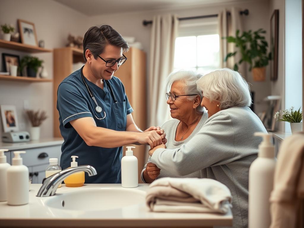 A warm and inviting scene depicting a caregiver providing personal hygiene assistance to an elderly person in a cozy home setting. In the foreground, the caregiver, a middle-aged individual dressed in professional attire, is gently helping the elderly person, a woman with silver hair, in a well-lit bathroom. The middle layer features various hygiene products like soap, towels, and clean clothes on the countertop, emphasizing cleanliness and care. The background shows soft, warm lighting filtering through a window, creating a serene atmosphere. The setting is homey, with plants and family photos to convey a sense of comfort and support. Aim for a compassionate mood that reflects dignity and respect. Use a soft focus lens to enhance the warmth of the scene. A warm and inviting scene depicting a caregiver providing personal hygiene assistance to an elderly person in a cozy home setting. In the foreground, the caregiver, a middle-aged individual dressed in professional attire, is gently helping the elderly person, a woman with silver hair, in a well-lit bathroom. The middle layer features various hygiene products like soap, towels, and clean clothes on the countertop, emphasizing cleanliness and care. The background shows soft, warm lighting filtering through a window, creating a serene atmosphere. The setting is homey, with plants and family photos to convey a sense of comfort and support. Aim for a compassionate mood that reflects dignity and respect. Use a soft focus lens to enhance the warmth of the scene.
