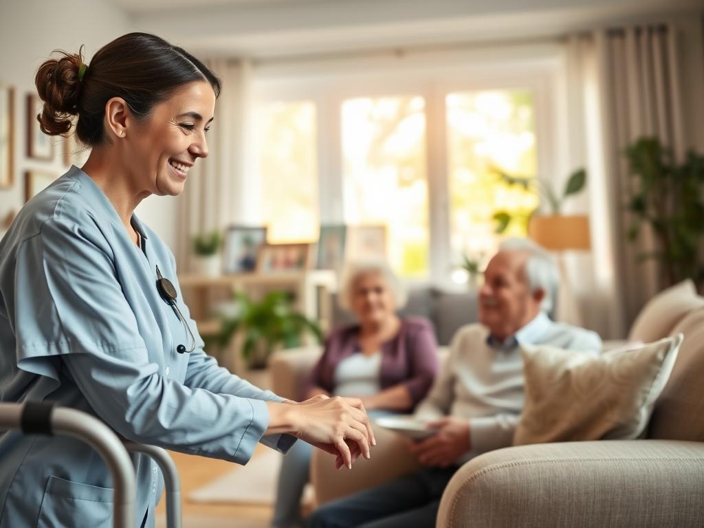 A warm and inviting scene depicting elderly care services at home. In the foreground, a compassionate caregiver, dressed in professional attire, gently assists an elderly person sitting comfortably in an armchair. The caregiver's warm smile radiates kindness. In the middle, a softly lit living room, adorned with family photos and green plants, creating a comforting atmosphere. A large window lets in natural light, reinforcing a sense of warmth and safety. In the background, subtle hints of caregiving tools like a walker and a medical alert device can be seen, emphasizing the supportive environment. The overall mood is serene and nurturing, reflecting the tailored care that respects each individual's needs. A warm and inviting scene depicting elderly care services at home. In the foreground, a compassionate caregiver, dressed in professional attire, gently assists an elderly person sitting comfortably in an armchair. The caregiver's warm smile radiates kindness. In the middle, a softly lit living room, adorned with family photos and green plants, creating a comforting atmosphere. A large window lets in natural light, reinforcing a sense of warmth and safety. In the background, subtle hints of caregiving tools like a walker and a medical alert device can be seen, emphasizing the supportive environment. The overall mood is serene and nurturing, reflecting the tailored care that respects each individual's needs.
