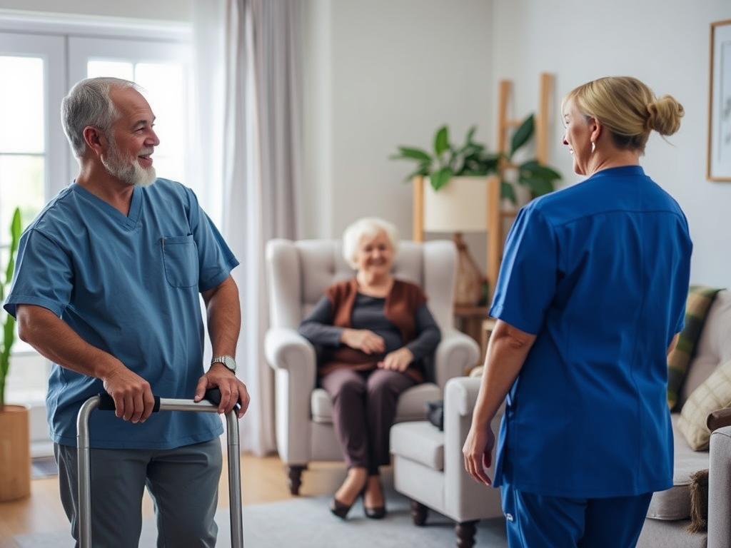 A warm and inviting scene in a well-lit living room showcasing professional caregivers attending to elderly individuals. In the foreground, a diverse caregiver in professional attire gently assists an elderly man with mobility, displaying compassion and attentiveness. In the middle, an elderly woman sits comfortably in an armchair, engaged in conversation with another caregiver, who is patiently listening and smiling, emphasizing connection and reassurance. The background features soft, natural light filtering through a window, highlighting homey decor and plants, creating a calming atmosphere. The overall mood is one of care, comfort, and professionalism, reflecting the trust and support offered by Cuideo caregivers. A warm and inviting scene in a well-lit living room showcasing professional caregivers attending to elderly individuals. In the foreground, a diverse caregiver in professional attire gently assists an elderly man with mobility, displaying compassion and attentiveness. In the middle, an elderly woman sits comfortably in an armchair, engaged in conversation with another caregiver, who is patiently listening and smiling, emphasizing connection and reassurance. The background features soft, natural light filtering through a window, highlighting homey decor and plants, creating a calming atmosphere. The overall mood is one of care, comfort, and professionalism, reflecting the trust and support offered by Cuideo caregivers.