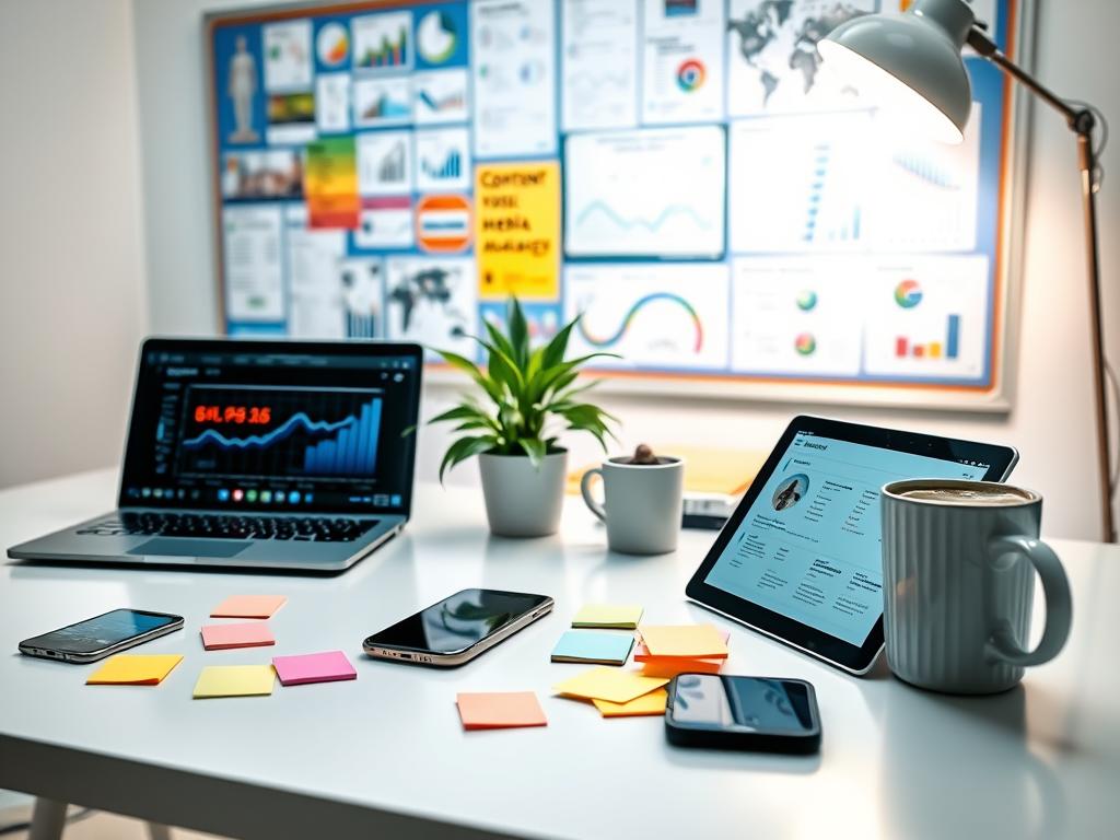 A well-organized workspace featuring various social media management tools on a sleek desk. In the foreground, a laptop displaying social media analytics, alongside a tablet with a content calendar app open. Scattered on the desk are colorful sticky notes, a smartphone with notifications visible, and a modern coffee mug. The middle ground showcases a potted plant to add a touch of greenery and a stylish desk lamp casting a warm glow. The background reveals a vivid bulletin board filled with charts and graphs related to social media strategies. The lighting is bright yet soft, creating a productive and inspiring atmosphere, perfect for promoting efficiency in resource management. The composition focuses on clarity and professionalism, suitable for illustrating best practices in social media management. A well-organized workspace featuring various social media management tools on a sleek desk. In the foreground, a laptop displaying social media analytics, alongside a tablet with a content calendar app open. Scattered on the desk are colorful sticky notes, a smartphone with notifications visible, and a modern coffee mug. The middle ground showcases a potted plant to add a touch of greenery and a stylish desk lamp casting a warm glow. The background reveals a vivid bulletin board filled with charts and graphs related to social media strategies. The lighting is bright yet soft, creating a productive and inspiring atmosphere, perfect for promoting efficiency in resource management. The composition focuses on clarity and professionalism, suitable for illustrating best practices in social media management.