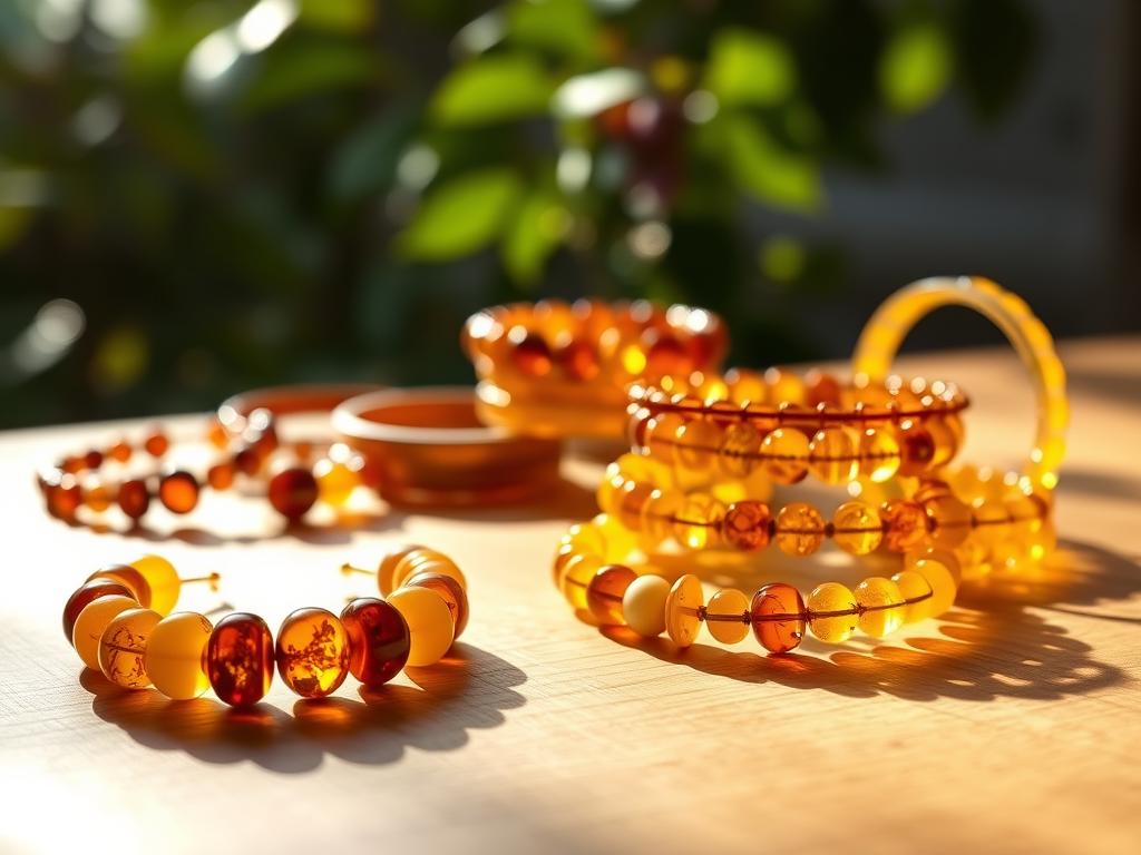 An elegant display of amber bracelets, showcasing various designs and shades of amber ranging from honey gold to deep cognac. The foreground features a softly illuminated wooden surface, highlighting the intricate details of the bracelets, including smooth textures and subtle inclusions. In the middle ground, arrange several bracelets artistically, some stacked, others laid flat, to create depth. The background features a softly blurred natural setting, hinting at the warmth of sunlight filtering through leaves. The lighting is warm and inviting, casting gentle shadows to enhance the jewelry's glow. The overall mood is serene and sophisticated, perfect for conveying the beauty and elegance of lightweight and easy-to-wear amber jewelry.
