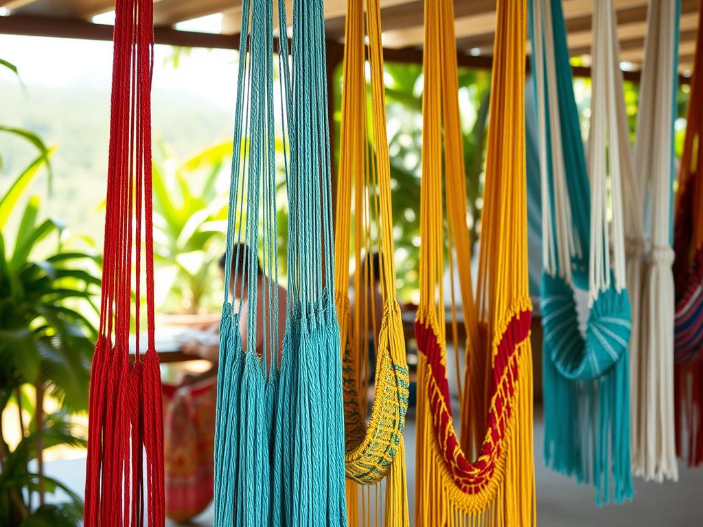 A beautifully arranged display of handcrafted hammocks in a variety of vibrant colors, showcasing their unique handmade textures. In the foreground, several hammocks hang elegantly, demonstrating different weaves and sizes—some bold reds and yellows, while others are tranquil blues and greens. The middle ground features artisans gently working on additional hammocks, adding an element of authenticity and craftsmanship. The background highlights a sunny, tropical setting with lush greenery that hints at Honduras' landscape, creating a warm and inviting atmosphere. Soft, natural lighting illuminates the scene, casting gentle shadows that enhance the details of the fabric. The composition captures the essence of artisanal quality and the beauty of cultural craftsmanship. A beautifully arranged display of handcrafted hammocks in a variety of vibrant colors, showcasing their unique handmade textures. In the foreground, several hammocks hang elegantly, demonstrating different weaves and sizes—some bold reds and yellows, while others are tranquil blues and greens. The middle ground features artisans gently working on additional hammocks, adding an element of authenticity and craftsmanship. The background highlights a sunny, tropical setting with lush greenery that hints at Honduras' landscape, creating a warm and inviting atmosphere. Soft, natural lighting illuminates the scene, casting gentle shadows that enhance the details of the fabric. The composition captures the essence of artisanal quality and the beauty of cultural craftsmanship.