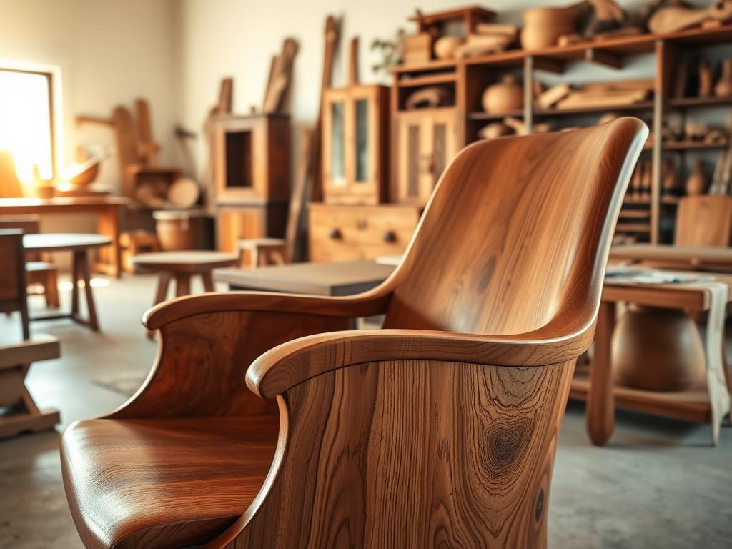 A beautifully crafted piece of furniture made from authentic palo santo wood, showcasing the wood's rich, warm tones and intricate grain patterns. The foreground features a polished, elegant chair with smooth curves and natural texture, emphasizing its artisanal quality. In the middle ground, a variety of palo santo furniture pieces, including tables and cabinets, are arranged artfully to capture the essence of traditional Paraguayan craftsmanship. The background depicts a softly lit artisan workshop, with wooden tools and shelves lined with finished products, creating an inviting atmosphere. Natural light filters through a nearby window, casting gentle shadows and highlighting the distinctive aromatic wood. The overall mood is warm, rustic, and evokes a sense of authenticity and craftsmanship.