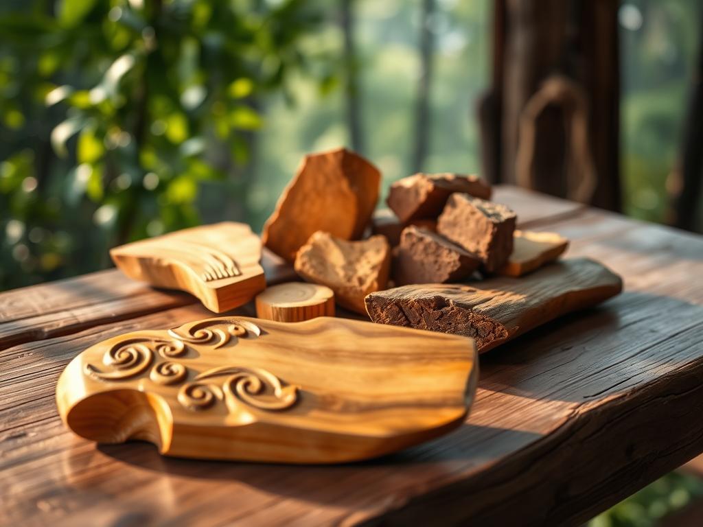 A beautifully crafted wooden object made from authentic palo santo, showcasing its natural grain and rich golden hues. In the foreground, a polished carved piece displays intricate designs, reflecting the artisan's skill. In the middle, pieces of palo santo wood are thoughtfully arranged on a rustic wooden table, highlighting their organic textures and diverse shapes. The background features a softly blurred image of the Chaco forests, with green foliage and faint hints of sunlight filtering through the trees, creating a tranquil atmosphere. Warm, natural lighting enhances the details of the wood, creating depth and inviting the viewer to appreciate the authenticity and origin of this material. The overall mood is serene and connected to nature, echoing the cultural significance of palo santo in Paraguay.
