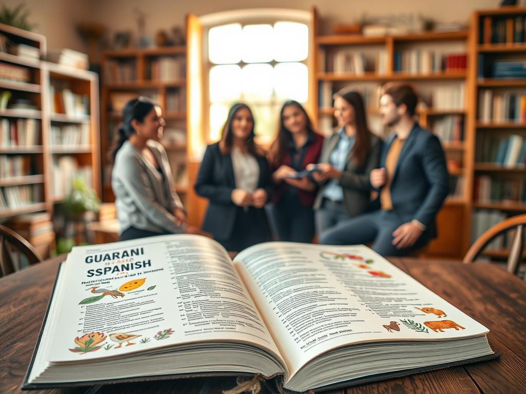 A beautifully designed Guaraní-Spanish and Spanish-Guaraní dictionary lying open on a rustic wooden table, with colorful, hand-drawn illustrations of native plants and wildlife surrounding it. The foreground features a close-up of the dictionary pages, showcasing the detailed typography and translations in an inviting light. In the middle ground, diverse, professional individuals collaboratively discussing the dictionary’s content, dressed in smart casual clothing, embodying a supportive atmosphere. The background displays a soft-focus study with shelves of books and natural light pouring in through a window, creating a warm, inspiring mood. Utilize golden hour lighting for a cozy feel and a shallow depth of field to draw focus on the dictionary and the engaged group, enhancing the collaborative spirit of language preservation. A beautifully designed Guaraní-Spanish and Spanish-Guaraní dictionary lying open on a rustic wooden table, with colorful, hand-drawn illustrations of native plants and wildlife surrounding it. The foreground features a close-up of the dictionary pages, showcasing the detailed typography and translations in an inviting light. In the middle ground, diverse, professional individuals collaboratively discussing the dictionary’s content, dressed in smart casual clothing, embodying a supportive atmosphere. The background displays a soft-focus study with shelves of books and natural light pouring in through a window, creating a warm, inspiring mood. Utilize golden hour lighting for a cozy feel and a shallow depth of field to draw focus on the dictionary and the engaged group, enhancing the collaborative spirit of language preservation.