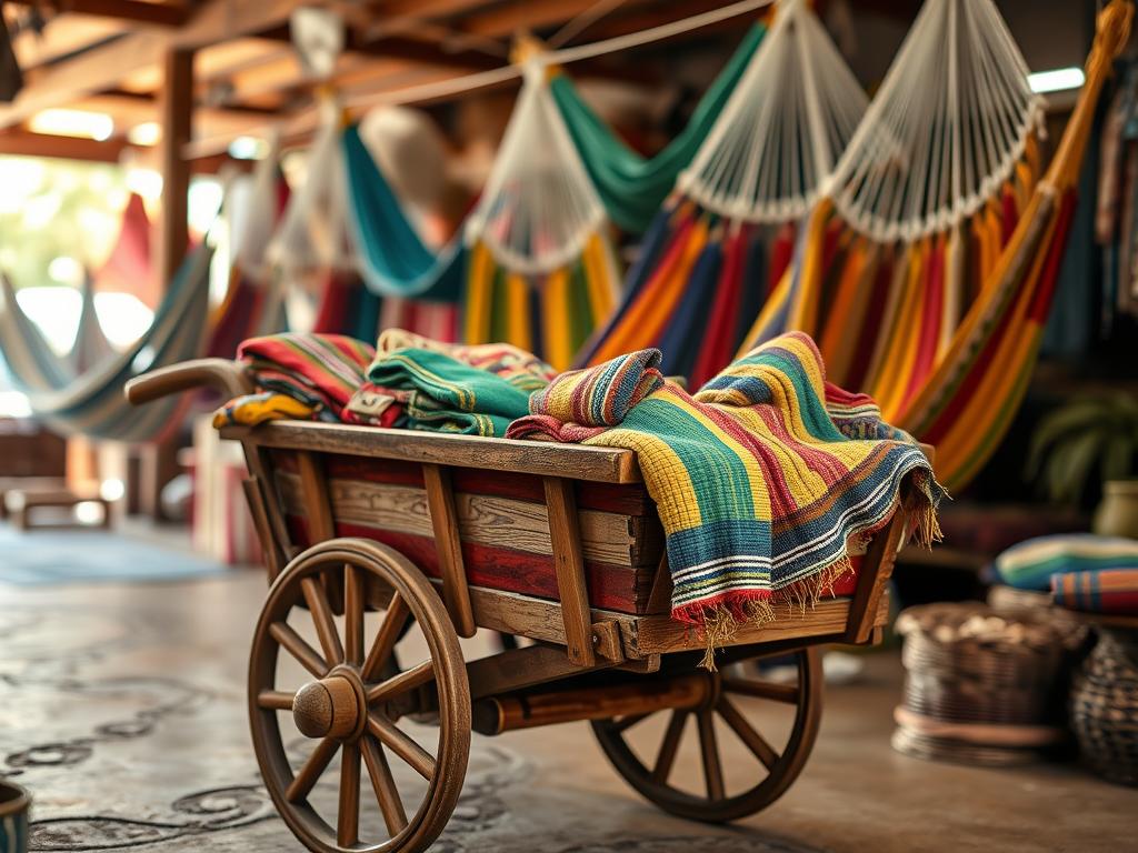 A beautifully detailed wooden shopping cart (carrito) overflowing with vibrant, handcrafted hammocks from Honduras, showcasing various colors and patterns. In the foreground, the cart is positioned prominently, with its rustic texture and artisanal craftsmanship highlighted. In the middle ground, a serene and inviting market setting showcases a local artisan workshop, with warm lighting that casts soft shadows and enhances the natural wood tones. Hammocks hang in the backdrop, gently swaying in a light breeze, creating a relaxed atmosphere. The scene evokes a sense of community and craftsmanship, emphasizing the beauty of handmade products. The angle is slightly elevated to capture the cart and hammocks effectively, with a depth of field that adds focus to the cart. The overall mood is warm, inviting, and celebratory of artisanal culture. A beautifully detailed wooden shopping cart (carrito) overflowing with vibrant, handcrafted hammocks from Honduras, showcasing various colors and patterns. In the foreground, the cart is positioned prominently, with its rustic texture and artisanal craftsmanship highlighted. In the middle ground, a serene and inviting market setting showcases a local artisan workshop, with warm lighting that casts soft shadows and enhances the natural wood tones. Hammocks hang in the backdrop, gently swaying in a light breeze, creating a relaxed atmosphere. The scene evokes a sense of community and craftsmanship, emphasizing the beauty of handmade products. The angle is slightly elevated to capture the cart and hammocks effectively, with a depth of field that adds focus to the cart. The overall mood is warm, inviting, and celebratory of artisanal culture.