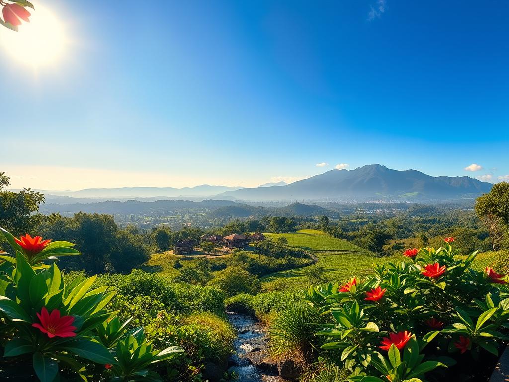 A breathtaking landscape of Honduras showcasing its diverse regions, layered beautifully. In the foreground, a lush rainforest teeming with vibrant green leaves and exotic flowers, with a small scenic stream flowing gently. The middle ground features a panoramic view of rolling hills and coffee plantations, with traditional wooden houses nestled among the trees. In the background, majestic mountains rise under a clear blue sky, illuminated by soft, golden sunlight casting gentle shadows. The atmosphere is serene and inviting, reflecting the essence of ecotourism. The scene is captured with a wide-angle lens, emphasizing depth and scale, while maintaining a bright and natural color palette that enhances the beauty of Honduras’ nature.