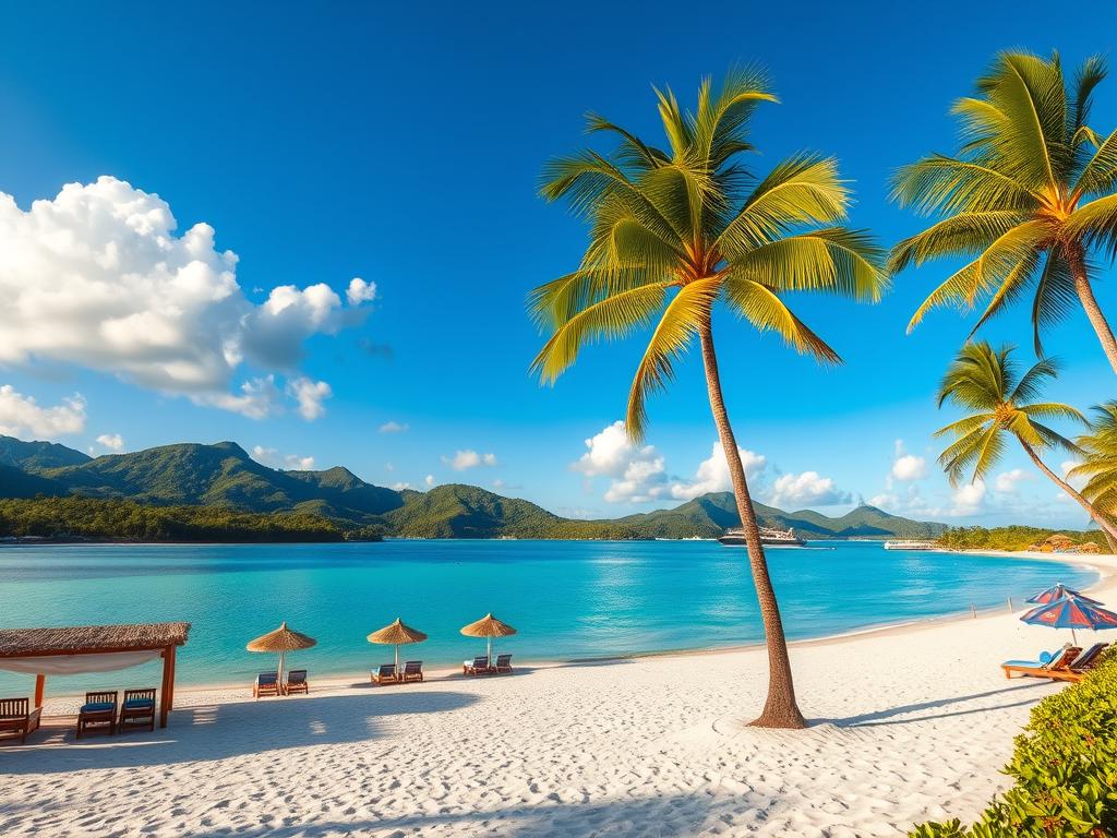A breathtaking view of West Bay in Roatán, capturing the essence of a tropical paradise. In the foreground, pristine white sand stretches along the beach, dotted with cozy cabanas and colorful beach umbrellas. The middle ground features gently swaying palm trees and crystal-clear turquoise waters reflecting the sunlight, inviting visitors to relax. In the background, lush green hills rise majestically, covered in tropical foliage. The sky is bright blue with fluffy white clouds, enhancing the tranquil atmosphere. The scene is bathed in warm, golden afternoon light, creating a serene and inviting mood. Capture this idyllic spot from a slightly elevated angle to provide a panoramic perspective, showcasing the beauty of this popular rental destination.