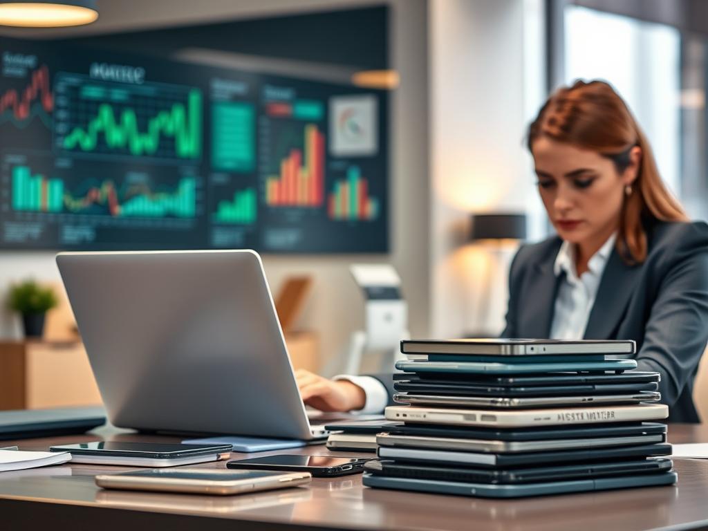 A business scene representing electronic product transactions, capturing the concept of payment disputes and chargebacks. In the foreground, a professional woman in business attire reviews a laptop screen with a concerned expression, while a stack of electronic gadgets like smartphones and tablets is on the table beside her. In the middle ground, a blurred background features a modern office with financial charts displayed on a wall and soft ambient lighting that suggests a serious atmosphere. The scene should evoke a sense of urgency and professionalism, with a focus on the challenges of managing electronic sales, payments, and fraud prevention. The angle is slightly above eye level, providing a comprehensive view of the workspace. A business scene representing electronic product transactions, capturing the concept of payment disputes and chargebacks. In the foreground, a professional woman in business attire reviews a laptop screen with a concerned expression, while a stack of electronic gadgets like smartphones and tablets is on the table beside her. In the middle ground, a blurred background features a modern office with financial charts displayed on a wall and soft ambient lighting that suggests a serious atmosphere. The scene should evoke a sense of urgency and professionalism, with a focus on the challenges of managing electronic sales, payments, and fraud prevention. The angle is slightly above eye level, providing a comprehensive view of the workspace.