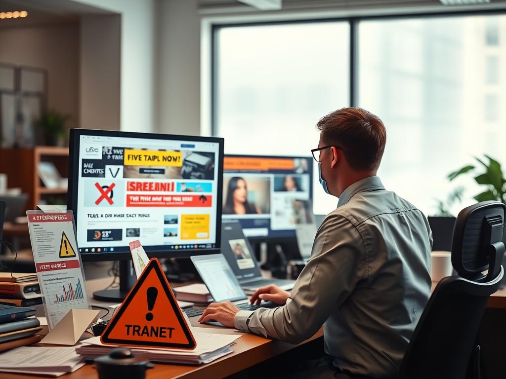 A busy office environment featuring a professional human figure in business attire, focused on a computer screen displaying digital ad campaigns. In the foreground, a cluttered desk with various ad performance metrics and warning signs to symbolize account risks. The middle ground showcases a large monitor displaying attention-grabbing, but potentially misleading advertisements, hinting at "trap ads." In the background, a large window letting in soft, diffused natural light, creating a bright, contemplative atmosphere. The overall mood conveys a sense of urgency and vigilance, as the figure analyzes data while being aware of the potential pitfalls of online advertising strategies. The scene is shot from a slightly elevated angle to capture the full workspace.
