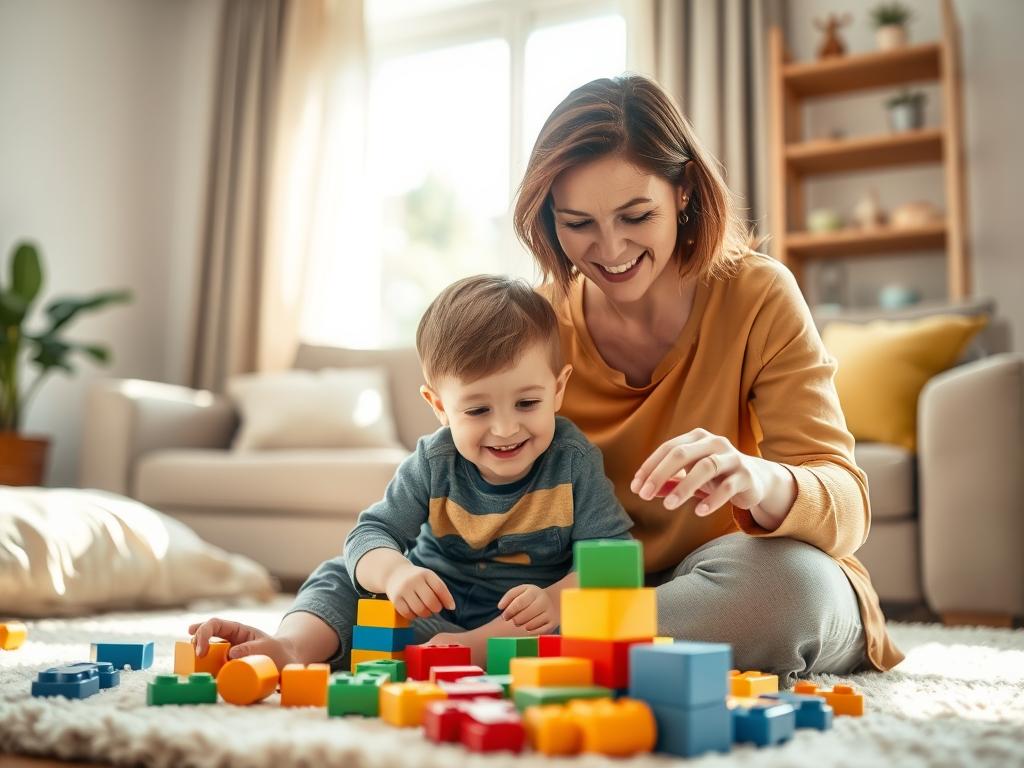 A caring and professional nanny with experience, interacting with young children in a cozy, well-lit living room environment. In the foreground, the nanny, a woman in modest, casual clothing, is engaged with a small boy, playing with colorful building blocks. They are both smiling, conveying a warm and nurturing relationship. In the middle ground, toys are scattered on a soft rug, adding a playful touch. The background features a sunny window with curtains gently swaying, bringing in natural light that enhances the cheerful atmosphere. The image should evoke a sense of trust and warmth, focusing on the bond between the nanny and the child, with a soft depth of field effect to emphasize the subjects.
