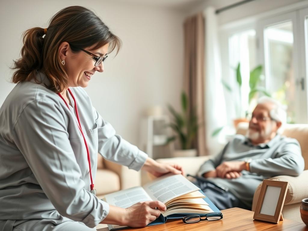 A caring, professional caregiver assisting an elderly person in a bright, comfortable home setting. In the foreground, a middle-aged caregiver, wearing modest casual clothing, gently helps an older man, who is seated in a cozy armchair, with a book. The caregiver exhibits a warm smile, demonstrating compassion and attentiveness. In the middle, a coffee table is adorned with personal items like a photo frame and reading glasses, evoking a sense of homeliness. In the background, soft natural light filters in through a window, highlighting plants and warm-toned decor. The overall atmosphere conveys warmth, safety, and the supportive nature of at-home elder care, emphasizing the nurturing bond between caregivers and their clients. The angle captures both subjects in a candid, engaging manner.
