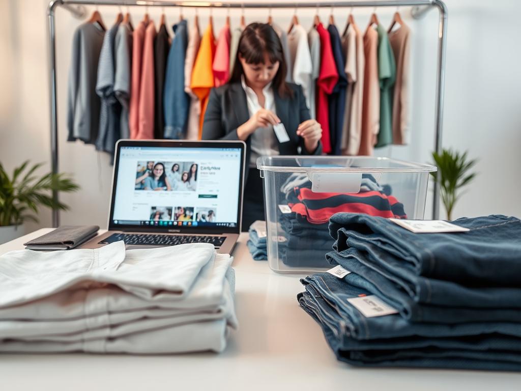 A clean, well-organized workspace set up for preparing clothing items for online marketplace sale. In the foreground, neatly folded shirts and neatly stacked jeans are shown, with a laptop open displaying an online selling platform. In the middle ground, a person in professional attire carefully tags clothing with price labels, using a clear plastic bin to store items that are ready to photograph. The background features an aesthetically pleasing backdrop with hangers displaying colorful clothes and soft lighting that creates a bright, inviting atmosphere. The overall mood is focused and productive, emphasizing the meticulous care needed in preparing items for sale. Use a slightly elevated angle to capture the entire setup and create a sense of depth in the image.