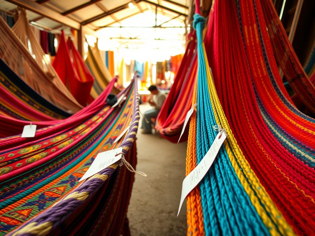A close-up image of vibrant handwoven hammocks displayed in a traditional Honduran market setting. In the foreground, showcase an array of colorful hammocks, featuring intricate patterns and textures that emphasize the craftsmanship. The middle ground should include a subtle arrangement of price tags attached to a few hammocks, indicating various price points for potential buyers. In the background, capture the essence of the market, with artisans in modest casual clothing working on their creations under soft, warm lighting that highlights the rich colors of the hammocks. The angle should be slightly elevated, creating depth and allowing viewers to appreciate the detail and artistry involved in these handmade products. The atmosphere should feel inviting and artisan, reflecting the charm of local craftsmanship. A close-up image of vibrant handwoven hammocks displayed in a traditional Honduran market setting. In the foreground, showcase an array of colorful hammocks, featuring intricate patterns and textures that emphasize the craftsmanship. The middle ground should include a subtle arrangement of price tags attached to a few hammocks, indicating various price points for potential buyers. In the background, capture the essence of the market, with artisans in modest casual clothing working on their creations under soft, warm lighting that highlights the rich colors of the hammocks. The angle should be slightly elevated, creating depth and allowing viewers to appreciate the detail and artistry involved in these handmade products. The atmosphere should feel inviting and artisan, reflecting the charm of local craftsmanship.