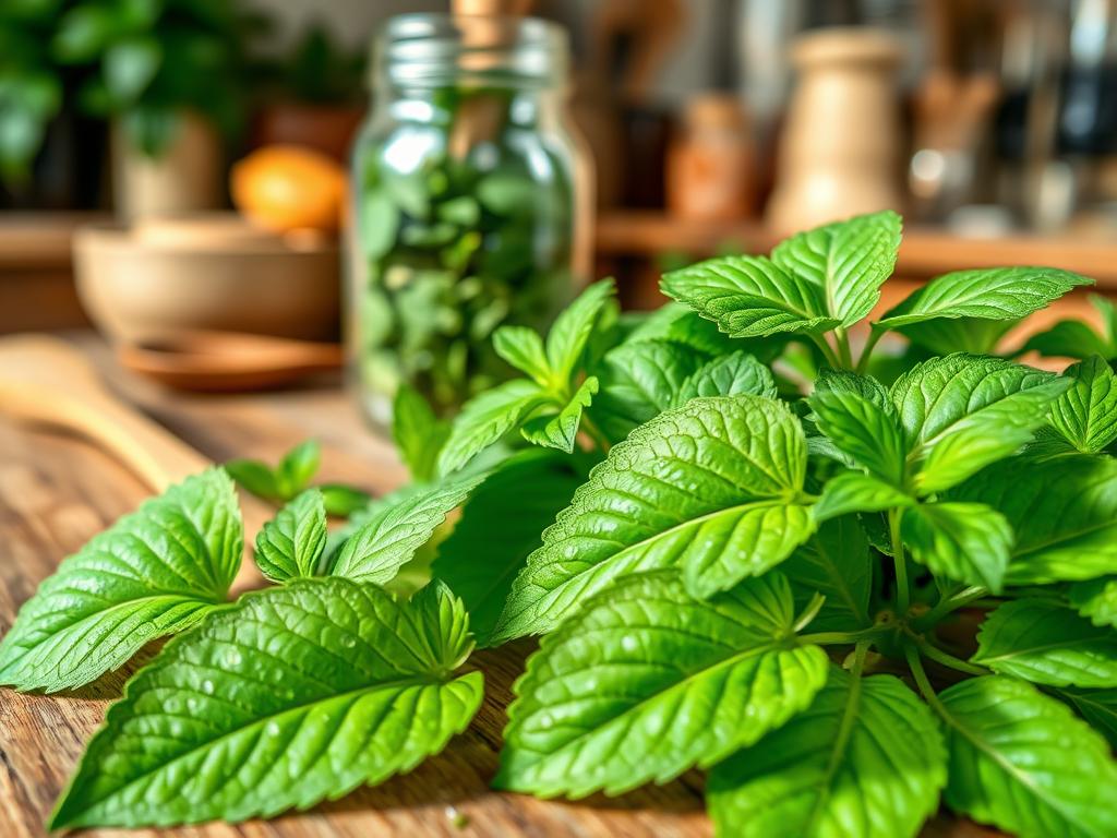 A close-up of fresh stevia leaves, vibrant green and glistening with morning dew, arranged artistically on a wooden kitchen countertop. In the foreground, soft natural lighting highlights the intricate texture of the leaves, showcasing their delicate veins. The middle ground features a rustic, glass jar filled with loose stevia leaves and a small wooden spoon beside it, suggesting easy use for home cooking. In the background, a softly blurred kitchen setting evokes a warm, inviting atmosphere with subtle hints of herbs and spices in soft focus. This image captures the essence of organic living and the simplicity of using stevia at home, reflecting a sense of purity and health.