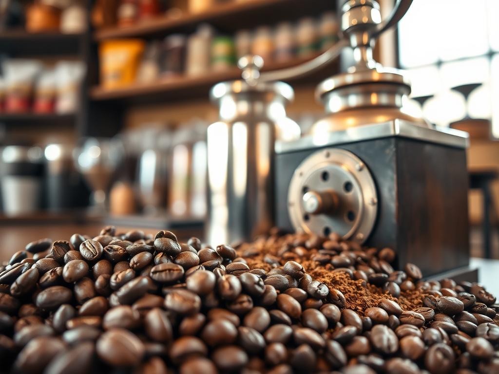 A close-up scene of freshly ground coffee beans in a rustic molino (grinder), showcasing different grind sizes scattered around: coarse, medium, and fine. In the foreground, vibrant coffee beans interspersed with the freshly ground coffee, capturing rich brown tones and earthy textures. The middle ground features an elegant, polished coffee grinder, its metallic shine catching soft, warm light. In the background, blurred shelves stocked with various coffee blends and grinders, enhancing the ambiance. The setting is a warm, inviting coffee shop in Honduras, with natural light filtering through a window, creating a cozy atmosphere that speaks to artisanal coffee preparation. The overall mood is inviting and energetic, reflecting the passion for quality coffee. A close-up scene of freshly ground coffee beans in a rustic molino (grinder), showcasing different grind sizes scattered around: coarse, medium, and fine. In the foreground, vibrant coffee beans interspersed with the freshly ground coffee, capturing rich brown tones and earthy textures. The middle ground features an elegant, polished coffee grinder, its metallic shine catching soft, warm light. In the background, blurred shelves stocked with various coffee blends and grinders, enhancing the ambiance. The setting is a warm, inviting coffee shop in Honduras, with natural light filtering through a window, creating a cozy atmosphere that speaks to artisanal coffee preparation. The overall mood is inviting and energetic, reflecting the passion for quality coffee.