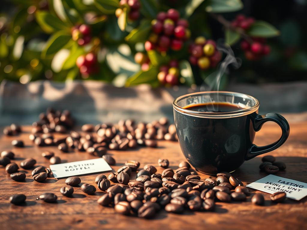 A close-up still life of coffee beans and a coffee cup on a wooden table, with a rich, dark roasted texture showcasing the flavor profiles. In the foreground, a polished coffee cup filled with freshly brewed coffee, steam rising, highlighting its depth and aroma. The middle ground features scattered coffee beans, their glossy surface reflecting light, and tasting notes written on small cards beside them, elegantly laid out. In the background, softly blurred coffee plants with green leaves and ripe cherries create a lush ambiance, enhancing the overall feeling of an inviting coffee environment. The lighting should be warm and natural, simulating golden hour, casting soft shadows and creating a cozy, inviting atmosphere. The angle should be slightly above the table, capturing the details of the coffee while giving a sense of intimacy and warmth. A close-up still life of coffee beans and a coffee cup on a wooden table, with a rich, dark roasted texture showcasing the flavor profiles. In the foreground, a polished coffee cup filled with freshly brewed coffee, steam rising, highlighting its depth and aroma. The middle ground features scattered coffee beans, their glossy surface reflecting light, and tasting notes written on small cards beside them, elegantly laid out. In the background, softly blurred coffee plants with green leaves and ripe cherries create a lush ambiance, enhancing the overall feeling of an inviting coffee environment. The lighting should be warm and natural, simulating golden hour, casting soft shadows and creating a cozy, inviting atmosphere. The angle should be slightly above the table, capturing the details of the coffee while giving a sense of intimacy and warmth.