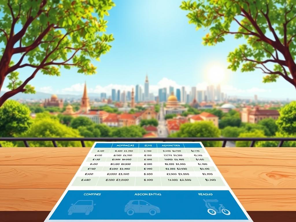 A colorful and informative illustration showcasing car rental prices in Asunción, Paraguay. In the foreground, a wooden table displays a clear pricing chart with symbols representing various vehicle types, such as compact cars, SUVs, and sedans. Each car model should be accompanied by iconographic price tags illustrating daily rental fees. In the middle ground, a picturesque view of Asunción's skyline features notable landmarks and a sunny sky, creating a vibrant atmosphere. The background consists of lush greenery and streets, hinting at local culture. The lighting is bright and natural, evoking a cheerful ambiance. The image should have a professional and polished appearance, suitable for a business article.